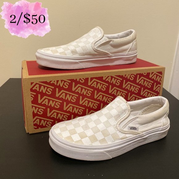 Vans Shoes - White/White Checkerboard Slip On Vans